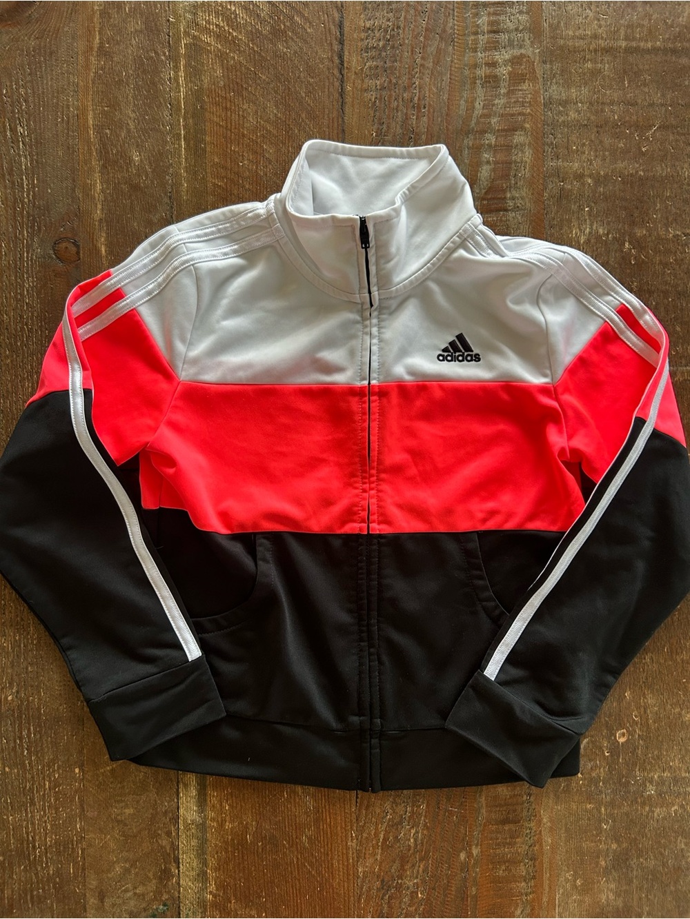 adidas Girls White, Neon Coral & Black Colorblock Zip Track Jacket - Small 7/8
